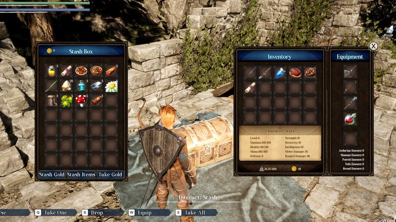 Official Sunken Realms screenshot: an adventurer opens the Stash Box and Inventory menus in a sunlit stone ruin, with equipment, character stats and gold on screen.