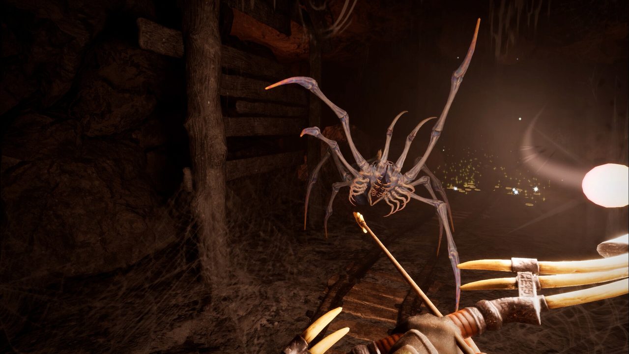 Official Sunken Realms screenshot: a bone-tipped arrow drawn on a giant pale spider in a dark cave, glowing motes drifting in the air.