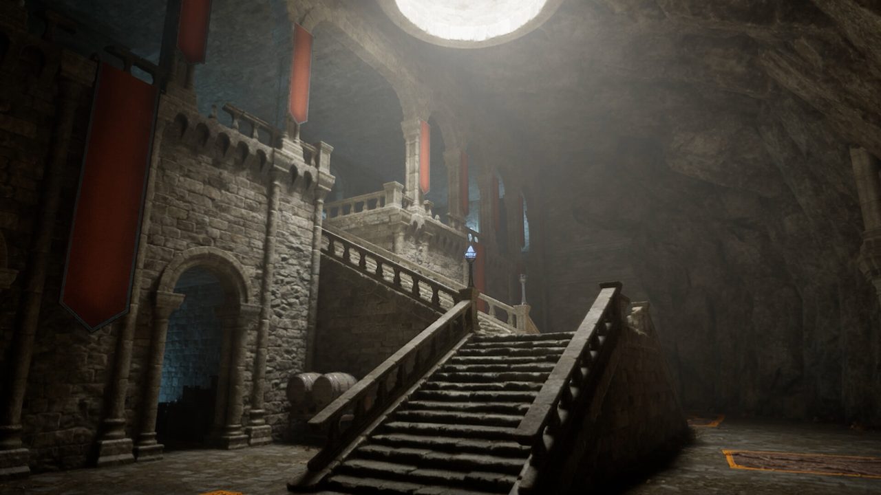Official Sunken Realms screenshot: a grand stone staircase climbing past banner-hung arches toward a circular skylight in an abandoned hall.